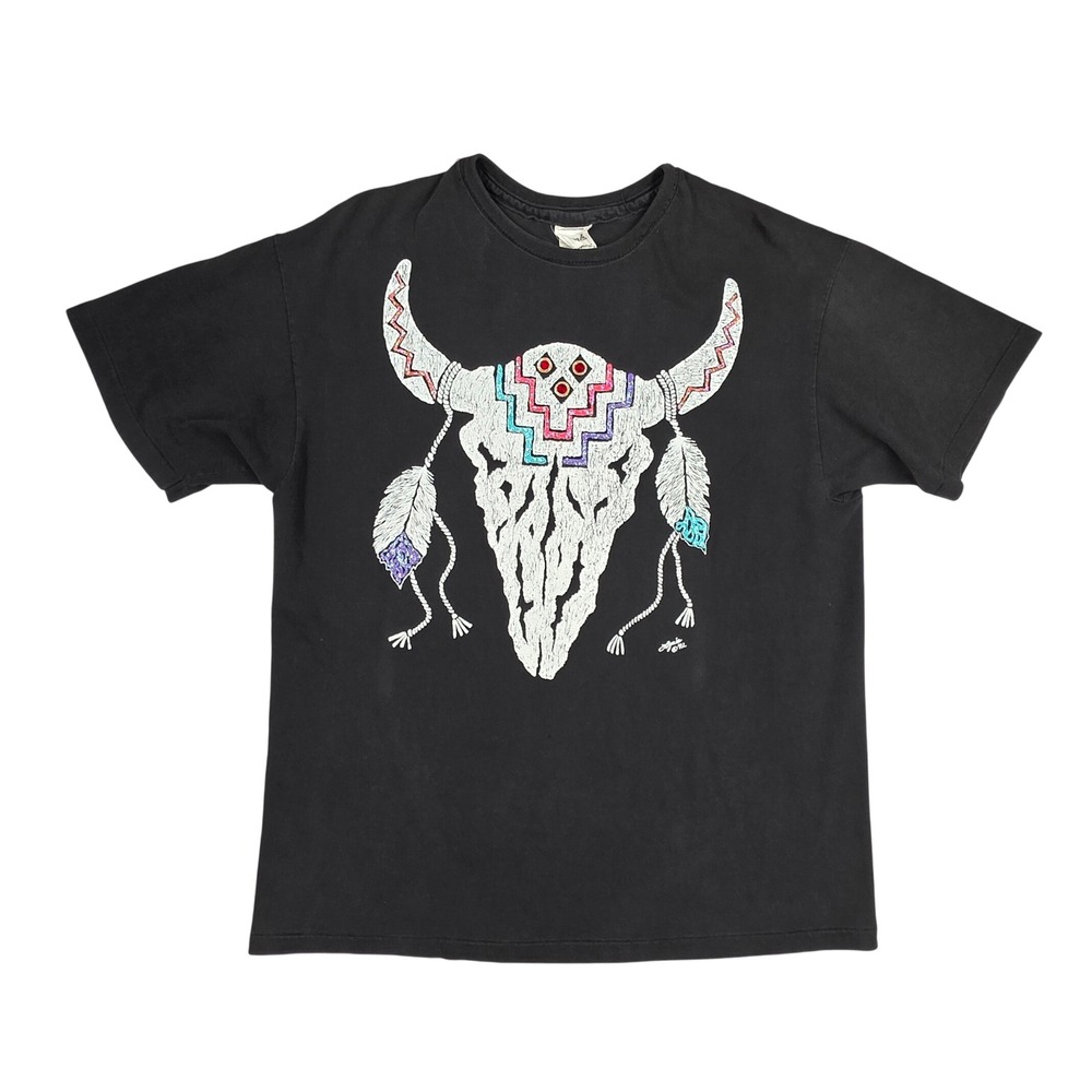 Vintage 1992 Lynee Apparel Steer Skull T-Shirt Black Single Stitch USA Made M